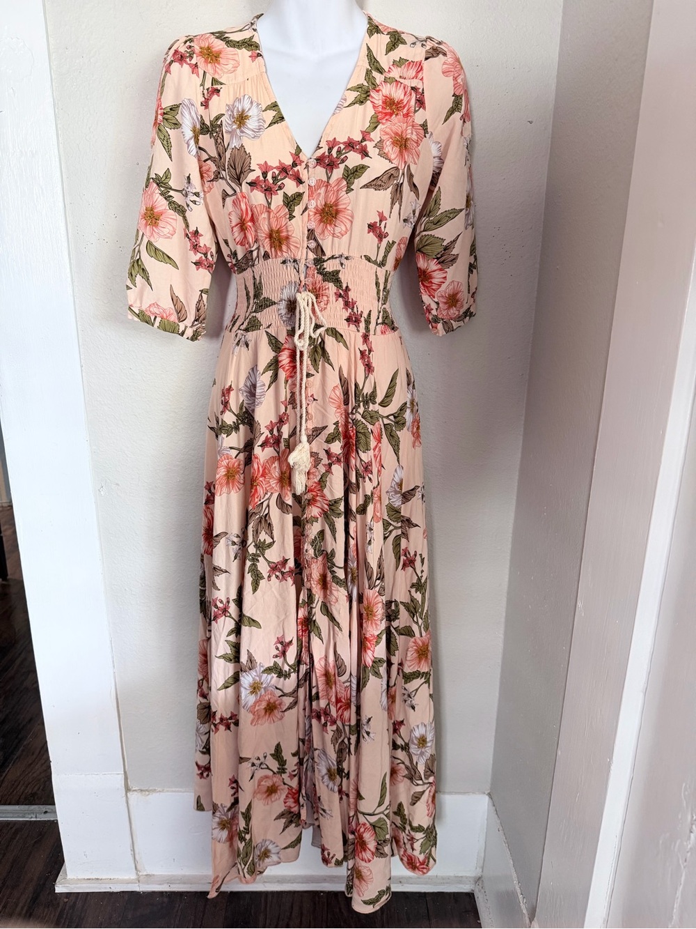 Jaase Peach Floral Maxi Boho Peasant Dress Small